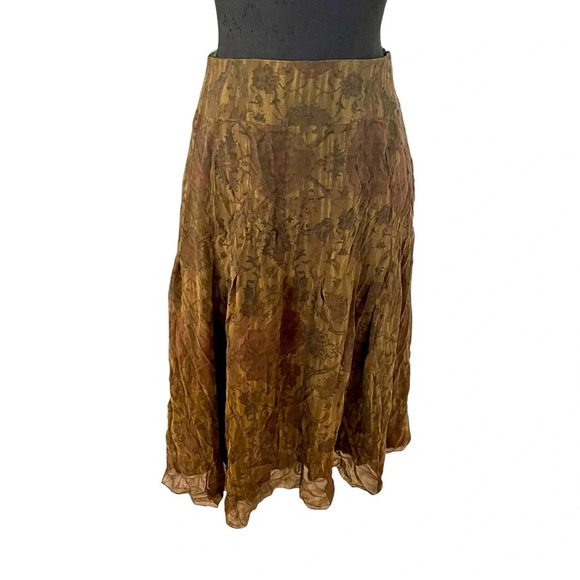 Peruvian Connection Olive Green and Brown Floral Silk Chiffon Skirt Size 6 - Picture 7 of 7
